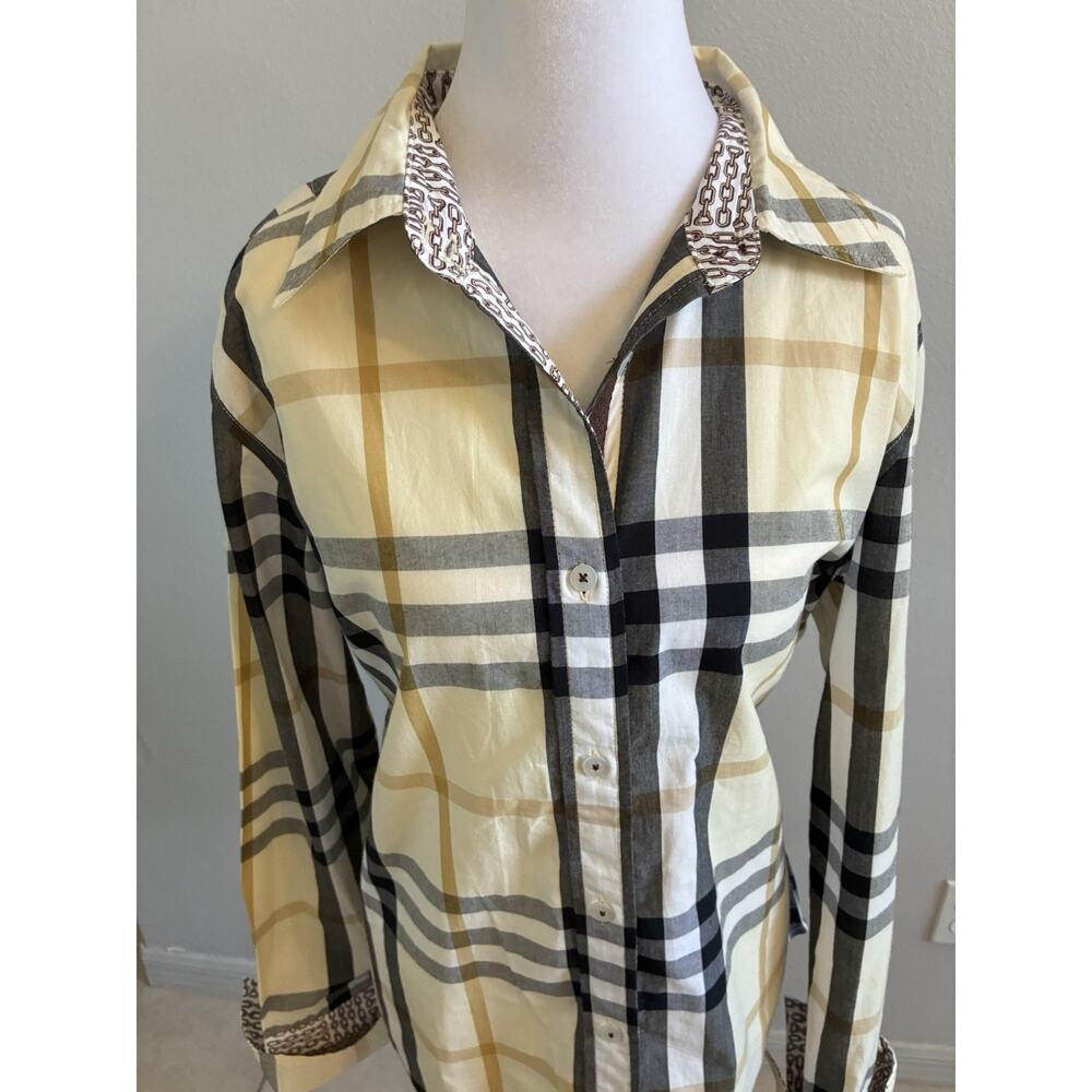 Tizzie Button Down Shirt Plaid Stripe Chains Flip Cuffs Preppy Modern Luxury L - Picture 9 of 14